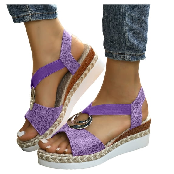 Rokment Women's Platform Chunky Heels Dressy Sandals Fashion Casual Metallic Silver Buckles Leather Elastic Ankle Strap Wedge Slingback Heeled Summer Comfortable Walking Shoes Purple Size 6.5