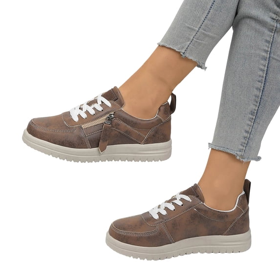 Rokment Women's Platform Chunky Low Top Fashion Sneakers Vintage Casual Leather Patchwork Zip up Height Increasing Non Slip Tennis Work Shoes Brown Size 7