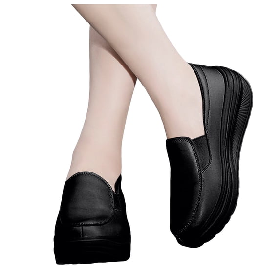 Rokment Women's Platform Chunky Walking Shoes Spring Fall Fashion Casual Solid Color Leather Height Increasing Dad Sneakers Comfortable Wedge Heels Non-Slip Slip on Work Loafers Black Size 6.5