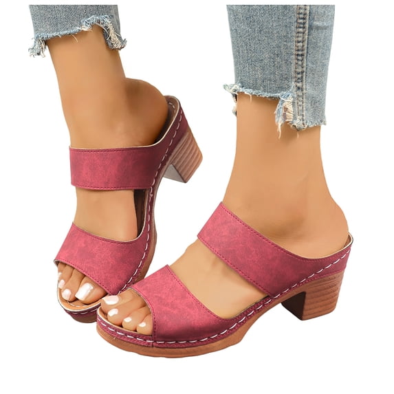 Rokment Women's Platform Dressy Slides Sandals Red Bride Wedding Fashion Casual Leather Comfortable Orthotic Arch Support Chunky Block High Heels Slip on Dress Slides Summer A Size 7.5