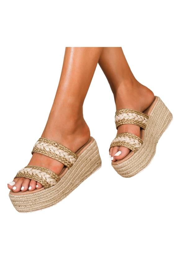 Women's Platform Espadrilles Dress Slip on Sandals 2026 Beach Summer Boho Fashion Casual Handmade Braided Straw Chunky Wedges High Heels Slides Gold Size 8