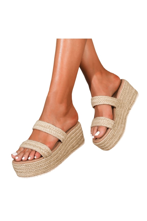 Women's Platform Espadrilles Dress Slip on Sandals 2026 Beach Summer Boho Fashion Casual Handmade Braided Straw Chunky Wedges High Heels Slides