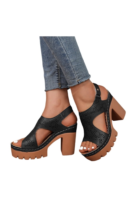 Women's Platform Gladiator Dressy Sandals 2026 Trendy Casual Flower Hollow out Leather Chunky Block Slingback High Heels Beach Boho Walking Summer Dress Shoes for Ladies Black Size 9.5