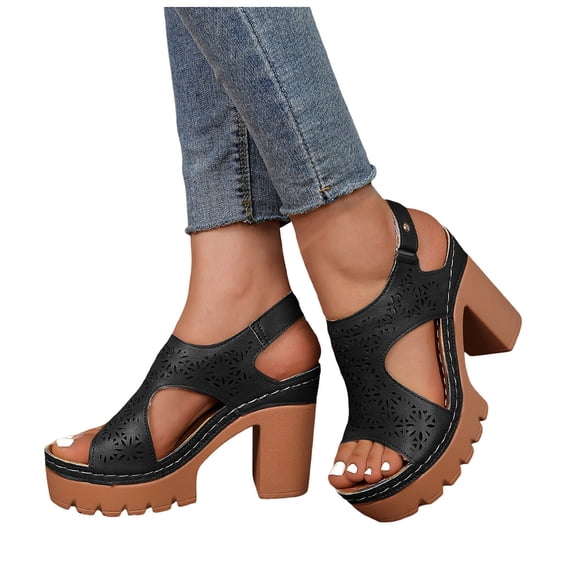 Rokment Women's Platform Gladiator Dressy Sandals 2026 Trendy Casual Flower Hollow out Leather Chunky Block Slingback High Heels Beach Boho Walking Summer Dress Shoes for Ladies Black Size 9.5