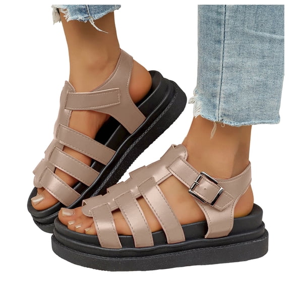 Rokment Women's Platform Gladiator Sandals Retro Roman Buckles Leather Fisherman Chunky Dress Flats Comfortable Walking Summer Shoes Beach Beige Size 6