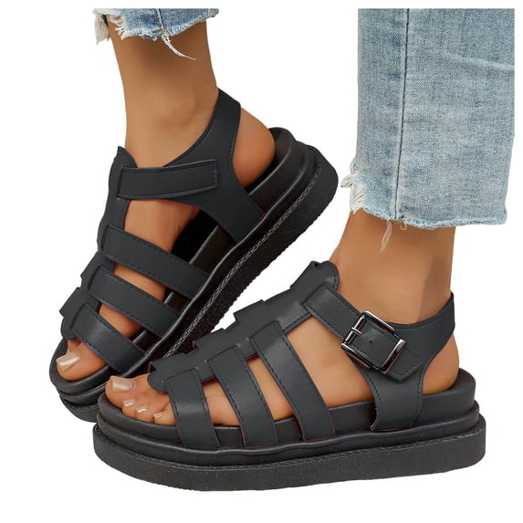 Rokment Women's Platform Gladiator Sandals Retro Roman Buckles Leather Fisherman Chunky Dress Flats Comfortable Walking Summer Shoes Beach Black Size 7.5