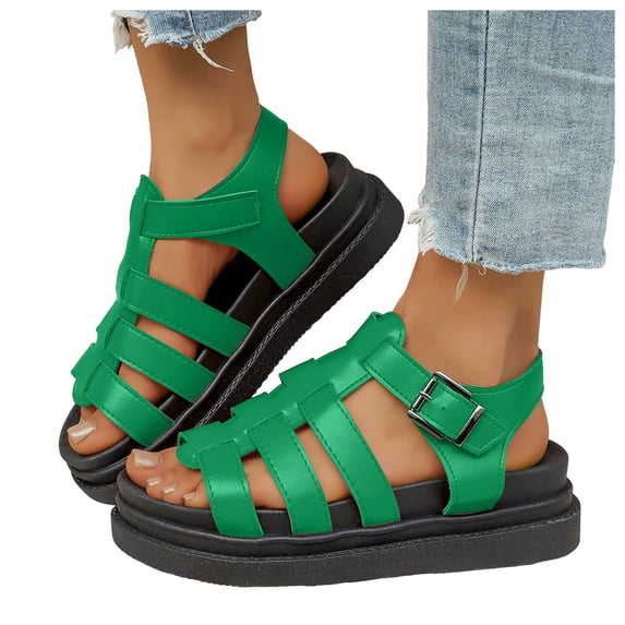 Rokment Women's Platform Gladiator Sandals Retro Roman Buckles Leather Fisherman Chunky Dress Flats Comfortable Walking Summer Shoes Beach Green Size 8