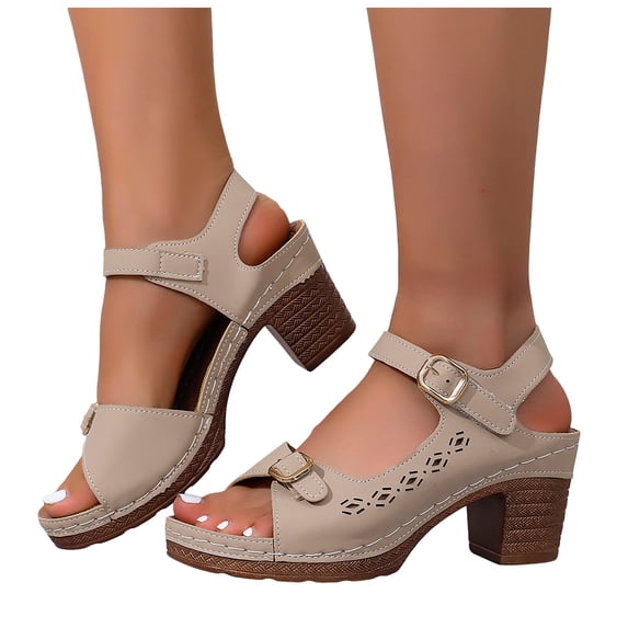 Rokment Women's Platform Heeled Dressy Sandals Summer Fashion Hollow out Leather Buckles Chunky Stackable High Heels Dress Sandals for Ladies A Size 6