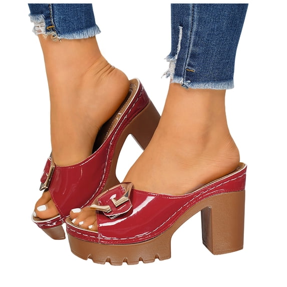 Rokment Women's Platform Heels Slides Sandals Ladies 2026 Fashion Casual Leather Metal Buckle Peep Toe Chunky Block Extra Heeled Dressy Slip on Comfortable Walking Summer Backless Shoes Red Size 7