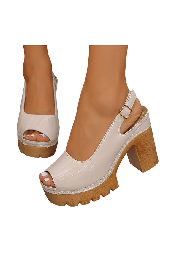 Women's Platform High Heels Dress Sandals 2026 Summer Fashion Casual Leather Fish Mouth Open Toe Chunky Block Heeled Pumps Slingback Dressy Sandals for Ladies Bride Beige Size 7.5