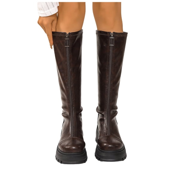 Rokment Women's Platform Knee High Boots with Front Zipper Winter Fall Fashion Leather Chunky Heels Motorcycle Riding Tall Boots Brown Size 6.5