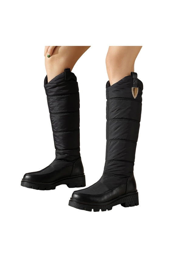 Women's Platform Knee High Winter Boots Fashion Casual Puffers Plush Lined Chunky Mid Heel Wide Calf Snow Dress Boots for Women Cold Weather Black Size 6.5