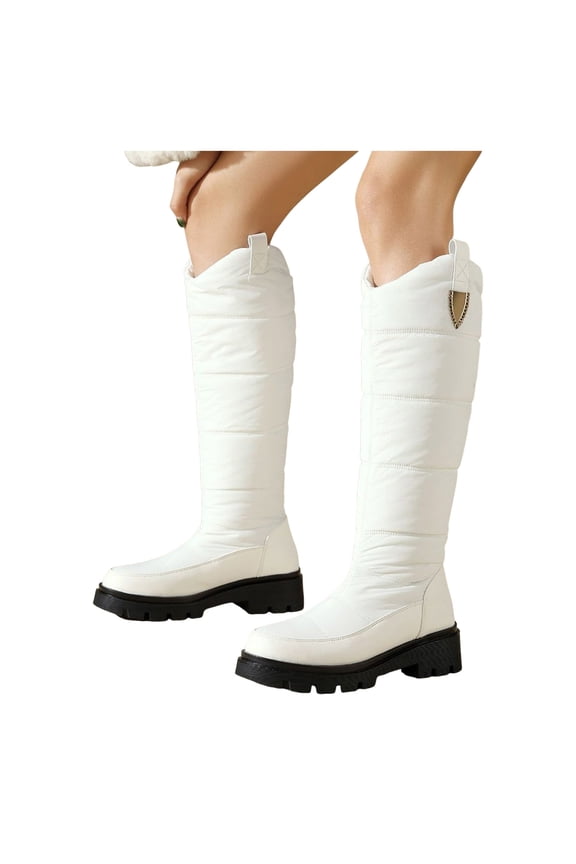 Women's Platform Knee High Winter Boots Fashion Casual Puffers Plush Lined Chunky Mid Heel Wide Calf Snow Dress Boots for Women Cold Weather White Size 9