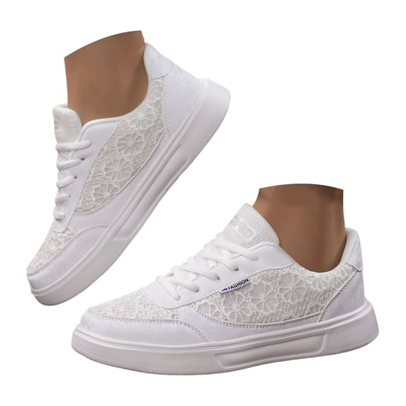 Rokment Women's Platform Low Top Fashion Sneakers Breathable Casual Embroidery Lace Leather Patchwork Height Increase Chunky Flat Walking Tennis Shoes
