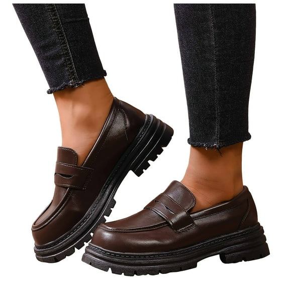 Rokment Women's Platform Oxfords Penny Loafers Classic Vintage Casual Soft Leather Chunky Mid Heel Slip on Dress Shoes for Business Work Brown Size 6