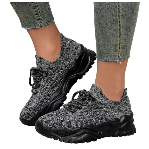Rokment Women's Platform Running Tennis Shoes 2026 Spring Fall Knitted Lightweight Memory Foam Chunky Slip on Walking Trainners Basketball Bowling Sneakers Grey Size 8.5