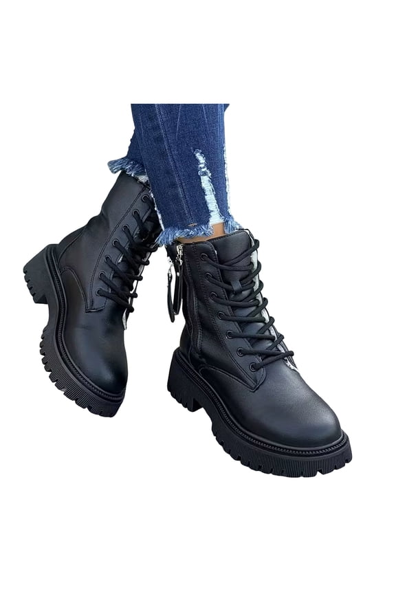 Women's Platform Snow Combat Boots with Plush Lined Fashion Casual Leather Chunky Heeled Winter Ankle Booties Black Size 6.5