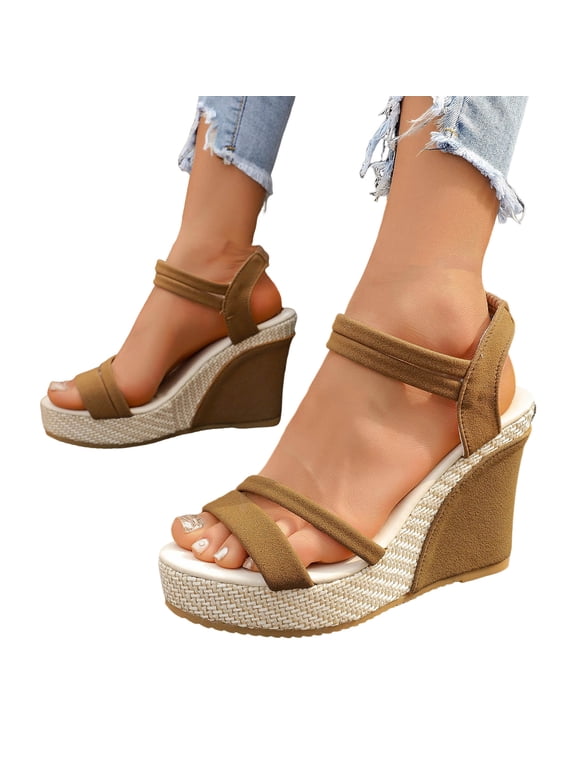 Women's Platform Ultra Wedge Heeled Dressy Sandals 2026 Beach Stylish Casual Leather Open Toe Ankle Strap Slip on Espadrilles Chunky Heels Summer Footwear for Vacation Brown Size 9