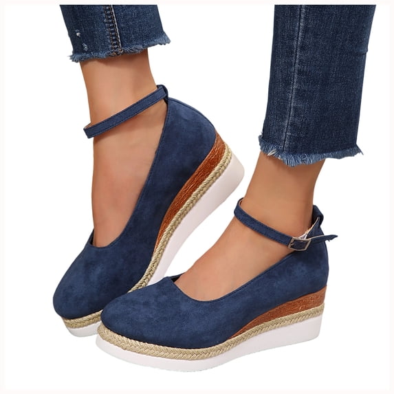 Rokment Women's Platform Wedge Dress Shoes Beach Vacation Stylish Casual Suede Ankle Strap Espadrilles Chunky Heeled Closed Toe Dressy Sandals Blue Size 8.5