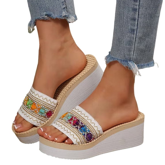 Rokment Women's Platform Wedge Dress Slip on Sandals Boho Beach Summer Comfortable Memory Foam Chunky High Heels Walking Slides with Arch Support for Woman White Size 7