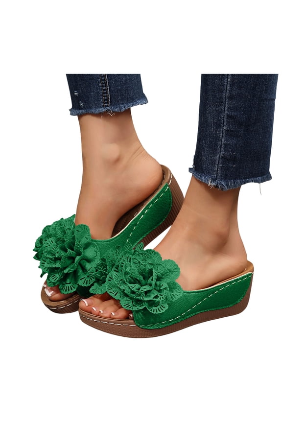 Women's Platform Wedge Dress Slippers Sandals Boho Beach Lace Flower Leather Fish Mouth Open Toe Chunky High Heels Slip on Slides for Summer Vacation Green Size 7.5