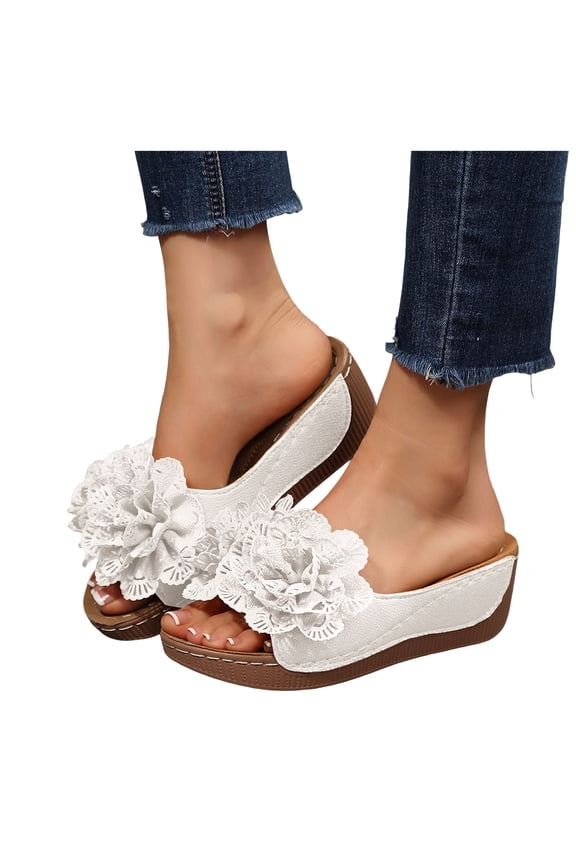 Women's Platform Wedge Dress Slippers Sandals Boho Beach Lace Flower Leather Fish Mouth Open Toe Chunky High Heels Slip on Slides for Summer Vacation White Size 8