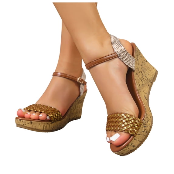 Rokment Women's Platform Wedge Dressy Sandals Trendy Casual Color Block Braided Leather Open Toe Ankle Strap Chunky High Heels Dress Sandals for Woman Bride Wedding Summer Gold Size 7