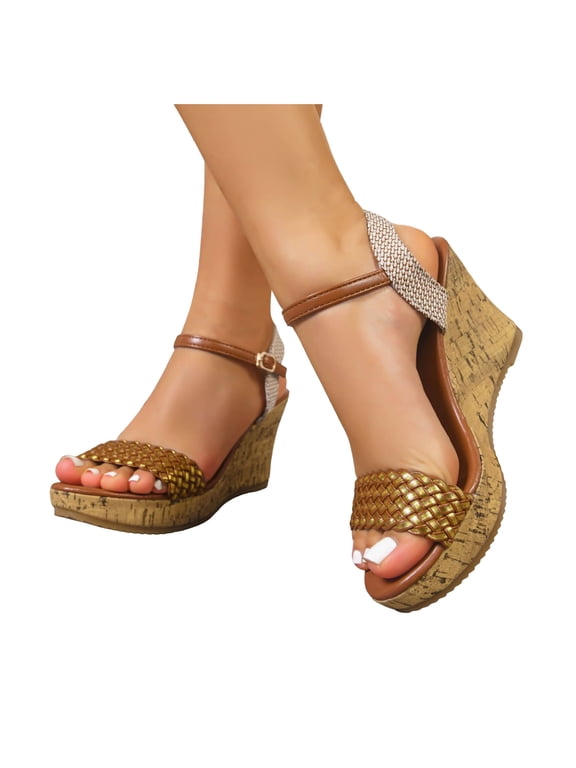 Women's Platform Wedge Dressy Sandals Trendy Casual Color Block Braided Leather Open Toe Ankle Strap Chunky High Heels Dress Sandals for Woman Bride Wedding Summer Gold Size 6.5