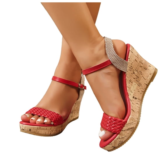Rokment Women's Platform Wedge Dressy Sandals Trendy Casual Color Block Braided Leather Open Toe Ankle Strap Chunky High Heels Dress Sandals for Woman Bride Wedding Summer Red Size 8.5