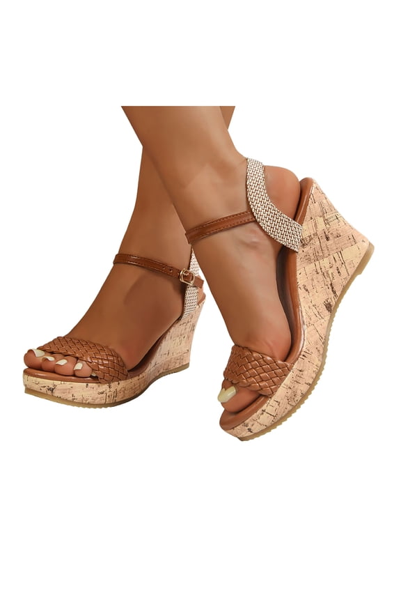 Women's Platform Wedge Dressy Sandals Trendy Casual Color Block Braided Leather Open Toe Ankle Strap Chunky High Heels Dress Sandals for Woman Bride Wedding Summer