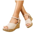 thumbnail image 1 of Rokment Women's Platform Wedge Dressy Sandals Trendy Casual Faux Wood Chunky High Heels Peep Toe Ankle Strap Summer Shoes for Daily Vacation Beige Size 6, 1 of 7