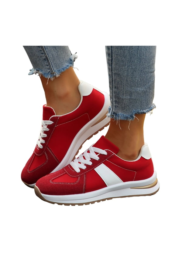 Women's Platform Wedge Fashion Sneakers Running Shoes Trendy Casual Color Block Suede Lace up Height Increasing Chunky Walking Canvas Shoes with Memory Foam Sole Red Size 6.5