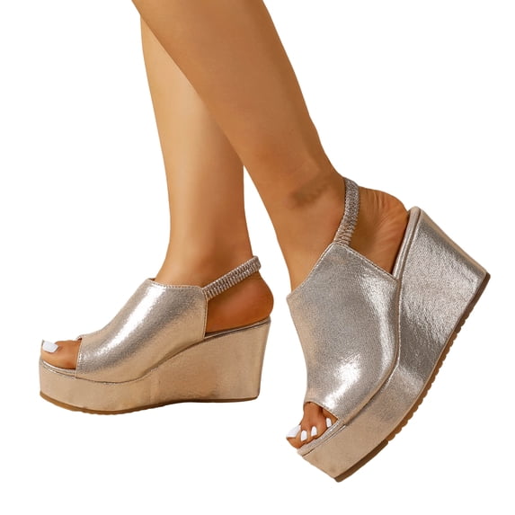 Rokment Women's Platform Wedge Gladiator Dressy Sandals Fashion Casual Metallic Leather Peep Toe Chunky High Heels Elastic Slingback Summer Shoes for Ladies Gold Size 7