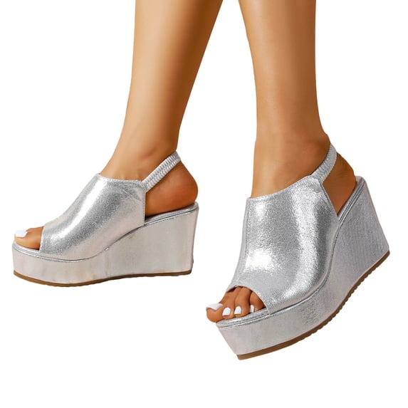 Rokment Women's Platform Wedge Gladiator Dressy Sandals Fashion Casual Metallic Leather Peep Toe Chunky High Heels Elastic Slingback Summer Shoes for Ladies Silver Size 6.5