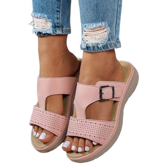 Rokment Women's Platform Wedge Gladiator Walking Sandals Beach Summer Comfortable Orthopedic Wide Feet Slip on Chunky Mid Heel Casual Dress Slides Slippers Pink Size 7.5