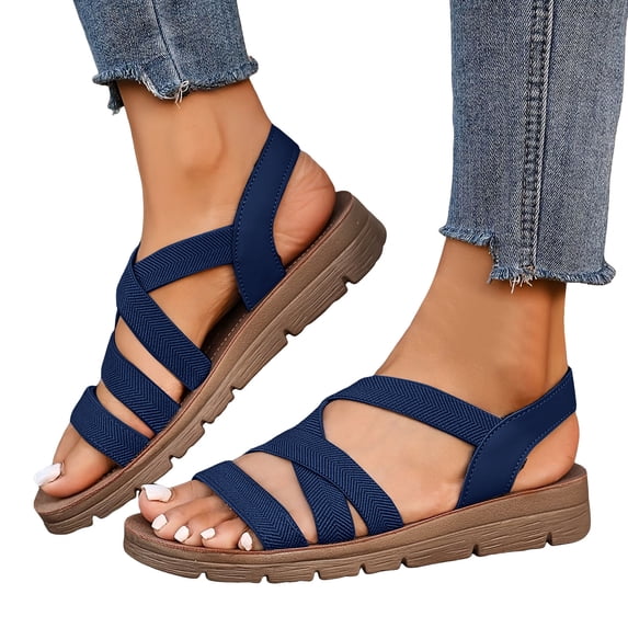 Rokment Women's Platform Wedge Strappy Fisherman Sandals Comfortable Elastic Orthopedic Low Arch Support Slip on Walking Summer Shoes for Vacation Travel Blue Size 8.5