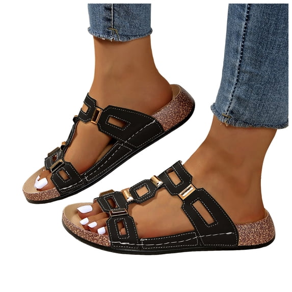Rokment Women's Platform Wedge Walking Sandals Beach Summer Fashion Geometric Leather Cork Footbed Comfortable Slip on Dress Slides Casual Shoes Black Size 8