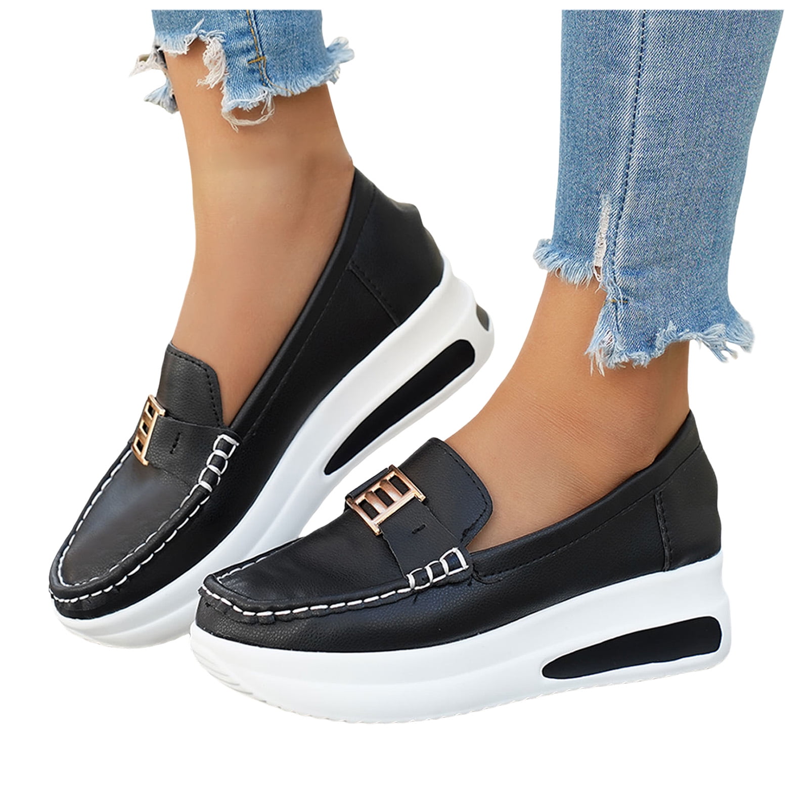 Rokment Women's Platform Wedge Walking Shoes Low Top Fashion Sneakers 2026 Spring Fall Leather Chunky High Heel Slip-on Nursing Work Loafers Black Size 7