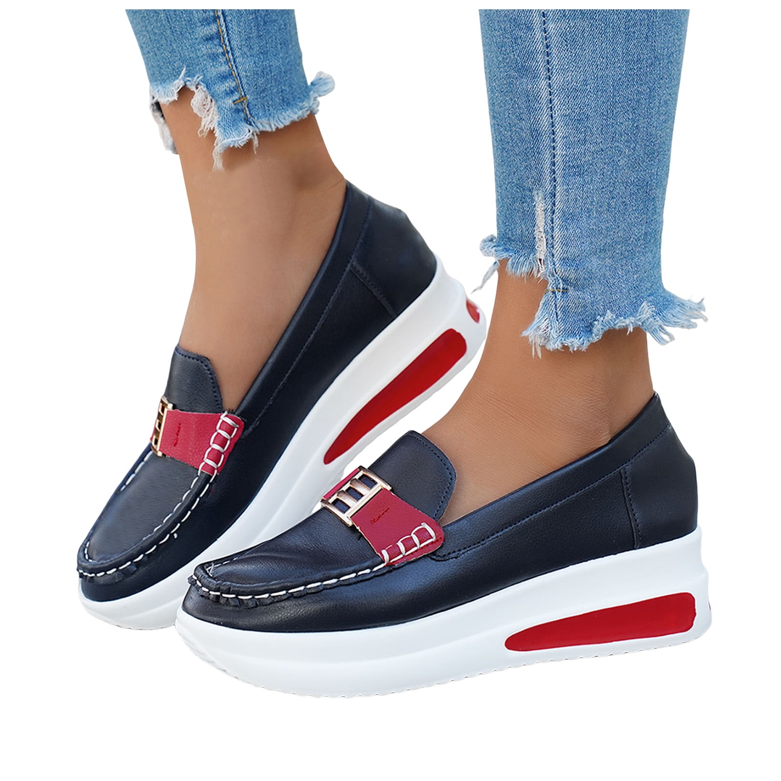 Rokment Women's Platform Wedge Walking Shoes Low Top Fashion Sneakers 2026 Spring Fall Leather Chunky High Heel Slip-on Nursing Work Loafers Red Size 7.5