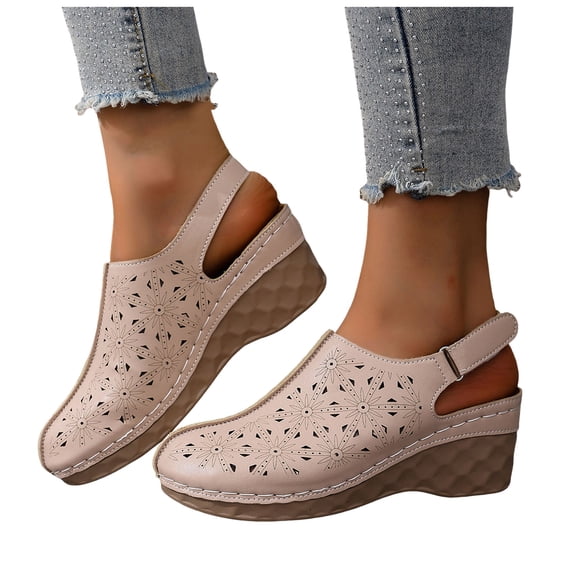 Rokment Women's Platform Wedges Clogs Slingback Dressy Sandals 2026 Summer Fashion Casual Flower Hollow out Closed Toe Orthopedic Chunky High Heels Beach Dress Sandals for Ladies Beige Size 6.5