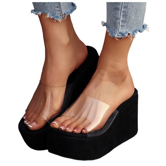Rokment Women's Platform Wedges Dress Slip on Sandals Trendy Casual Open Toe Clear Band Chunky High Heels Beach Summer Heeled Walking Slides Slippers Black Size 9