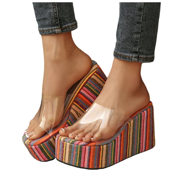 Rokment Women's Platform Wedges Dress Slip on Sandals Trendy Casual Open Toe Clear Band Chunky High Heels Beach Summer Heeled Walking Slides Slippers Pink Size 9.5