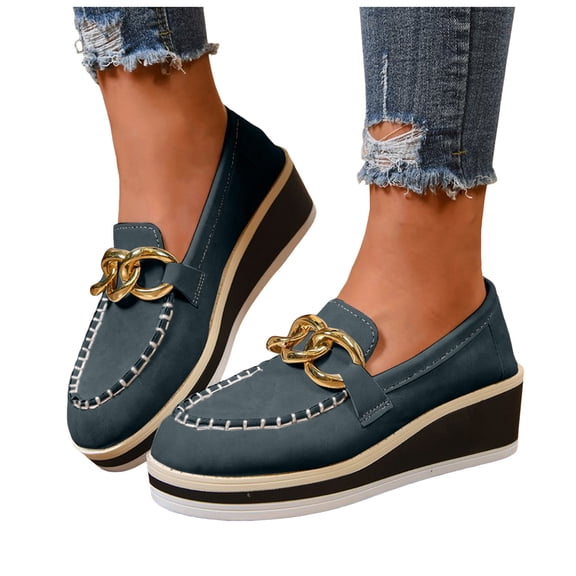 Rokment Women's Platform Wedges Oxfords Penny Loafers Walking Shoes 2026 Spring Fall Trendy Casual Leather High Heel Slip on Dress Shoes with Metal Chain Blue Size 8