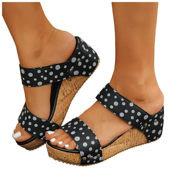 Rokment Women's Polka Dot Cork Footbed Slip on Dress Sandals Retro Beach Casual Leather Open Toe Platform Wedge Chunky Heels Slides Comfortable Backless Walking Summer Shoes Dark Gray Size 8