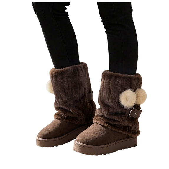 Rokment Women's Pompom Fuzzy Platform Mid-Calf Winter Boots Fashion Thermal Suede Plush Fold Over Comfortable Flat Dress Short Booties