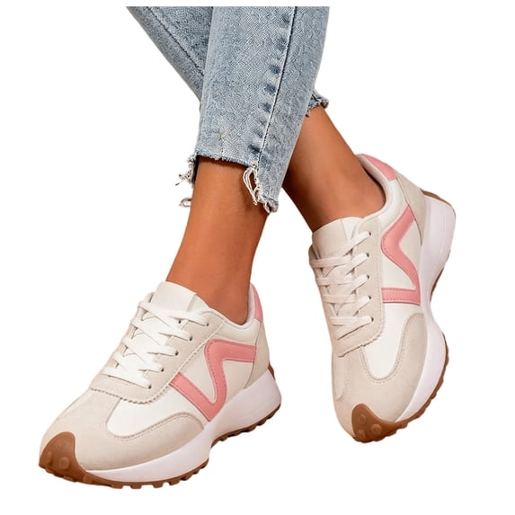Rokment Women's Retro Color Block Fashion Sneakers Comfortable Casual Leather Lace up Running Tennis Shoes Non Slip Skate Trainners for Fall Spring