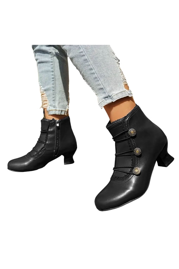 Women's Retro Dress Combat Boots with Side Zipper Christmas Dancing Party Vintage Leather Round Toe Mid Heel Dressy Ankle Booties Black Size 6