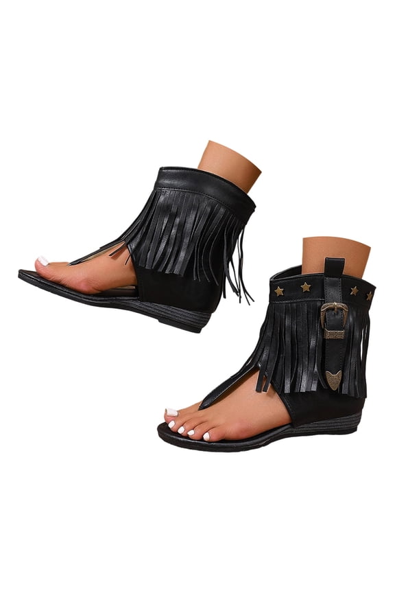 Women's Retro Fringe Wide Mid Calf Wedge Flip Flops Beach Casual Tassel Studded Leather Western Cowboy Cowgirl Boots Dress Sandals Black Size 5.5