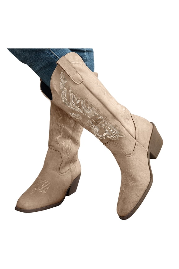 Women's Roman Wide Mid Calf Cowboy Boots Fall Winter Vintage Embroidered V Cut out Slip on Western Cowgirl Tall Boots