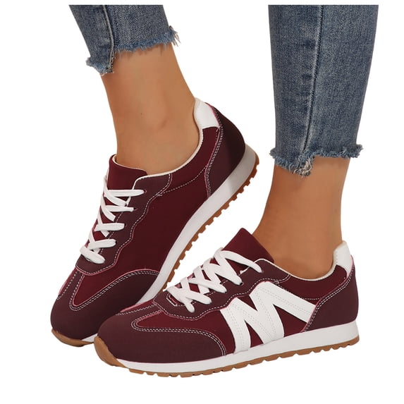 Rokment Women's Running Shoes Fashion Sneakers 2026 Spring Fall Suede Color Block Letter Graphic Memory Foam Casual Walking Tennis Flat for Woman Wine Size 7.5